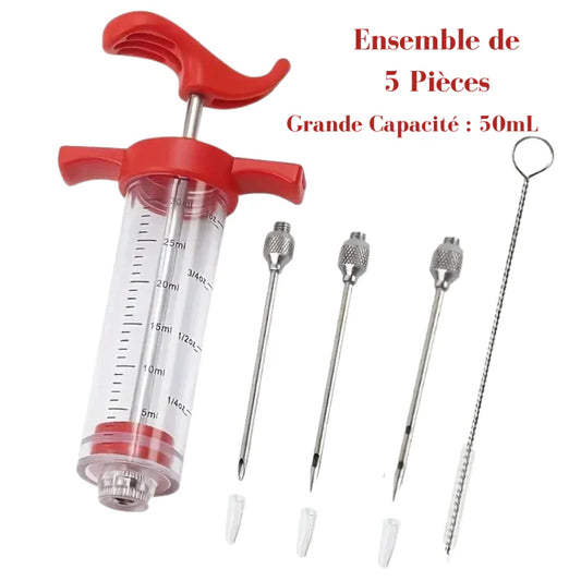 Kit Complet 5 pièces Injecteur de Marinade Grande Capacité 50 mL en Acier Inoxydable