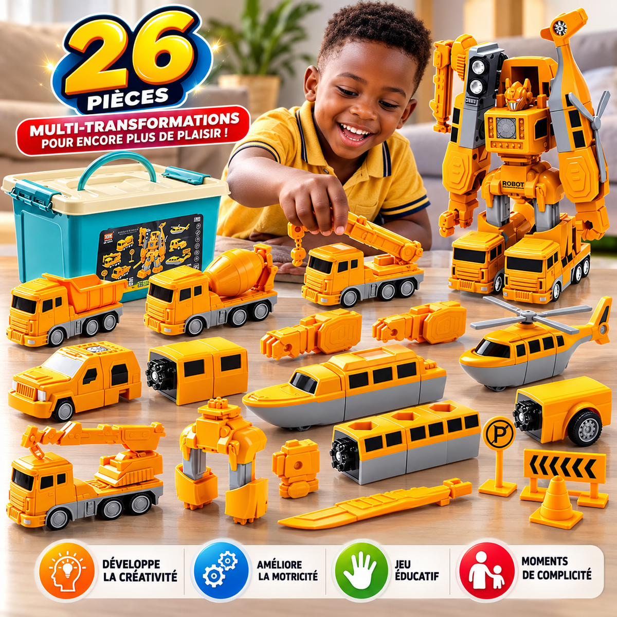 Coffret Magnétique 26 Pièces – Véhicules Transformables en Robot