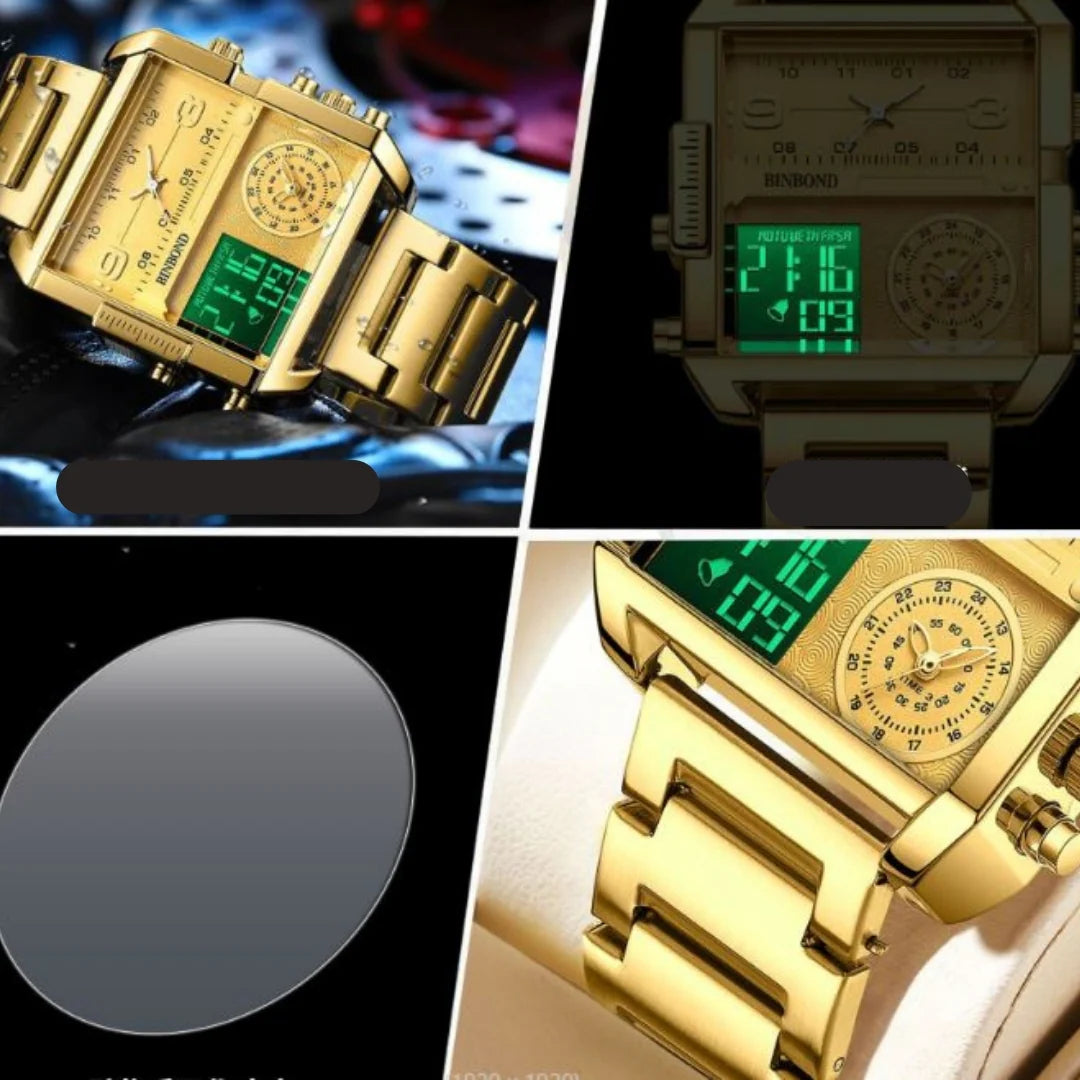 Montre de Luxe Binbond ORIGINALE unisexe, Chronophage lumineux, étanche 3ATM, en acier inoxydable et quartz, doté de trois cadran fonctionnels, chronomètre et alarme