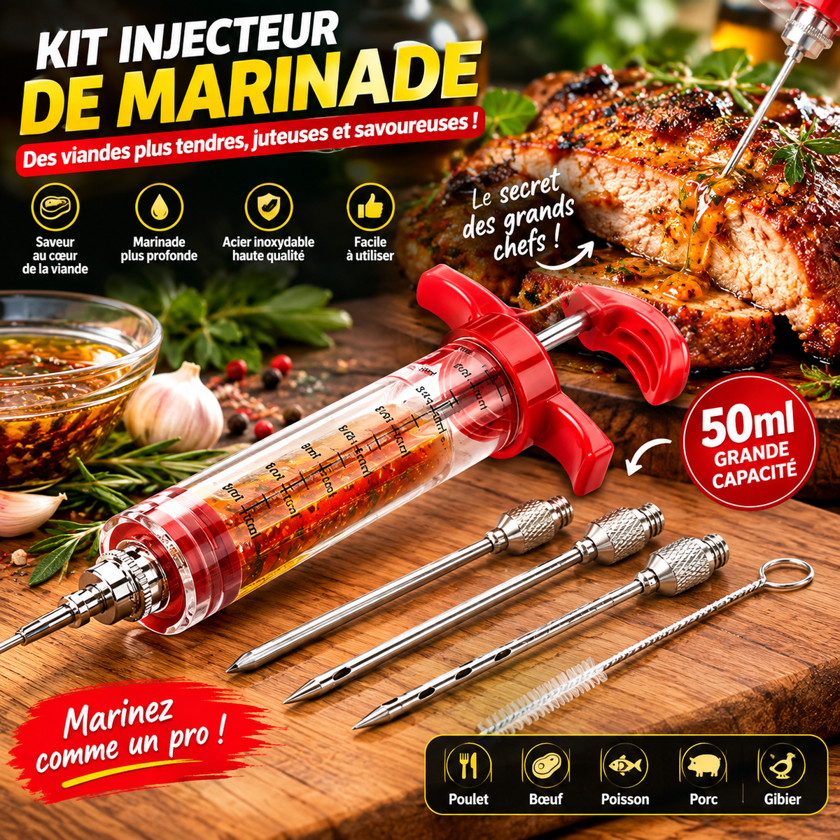Kit Complet 5 pièces Injecteur de Marinade pour des repas savoureux.