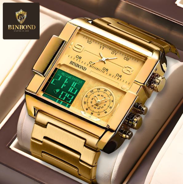 Montre de Luxe Binbond ORIGINALE unisexe, Chronophage lumineux, étanche 3ATM, en acier inoxydable et quartz, doté de trois cadran fonctionnels, chronomètre et alarme