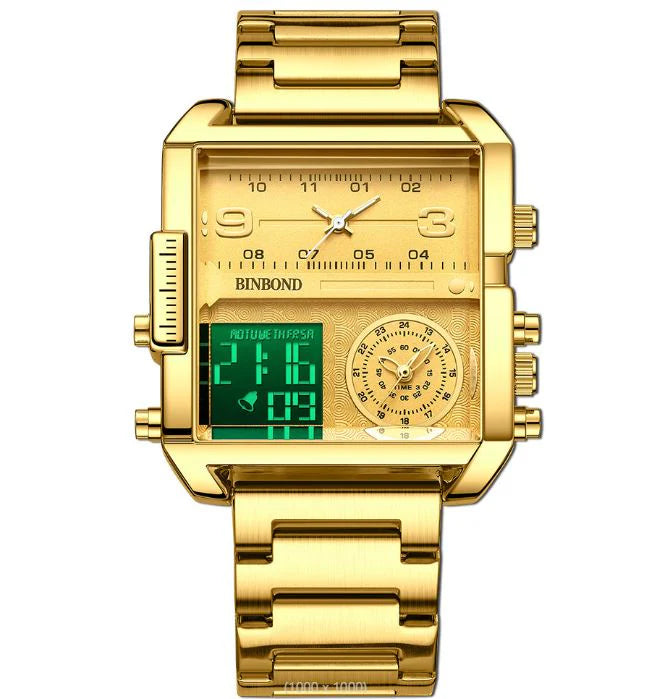 Montre de Luxe Binbond ORIGINALE unisexe, Chronophage lumineux, étanche 3ATM, en acier inoxydable et quartz, doté de trois cadran fonctionnels, chronomètre et alarme